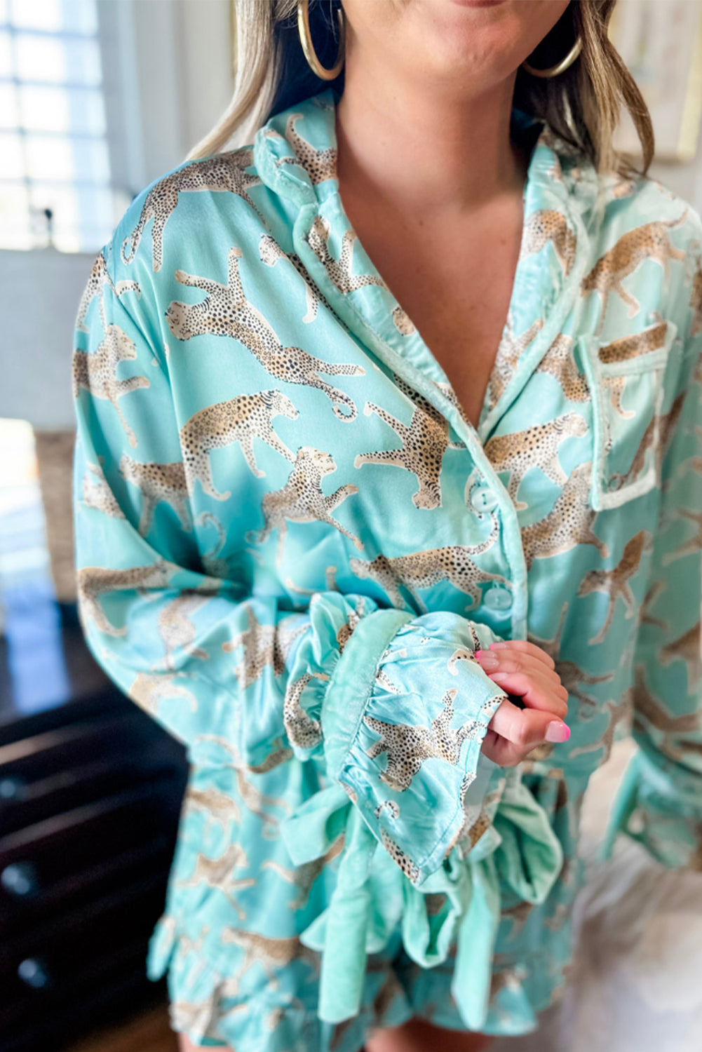 Green Leopard Satin Ruffle Pyjama Short Set