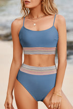 Dusk Blue Colorful Stitch Border Detail 2pcs High Waist Bikini Swimsuit