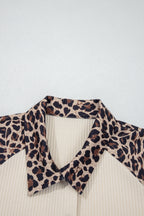 White Ribbed Texture Button Down Leopard Patchwork Short Sleeve Shirt