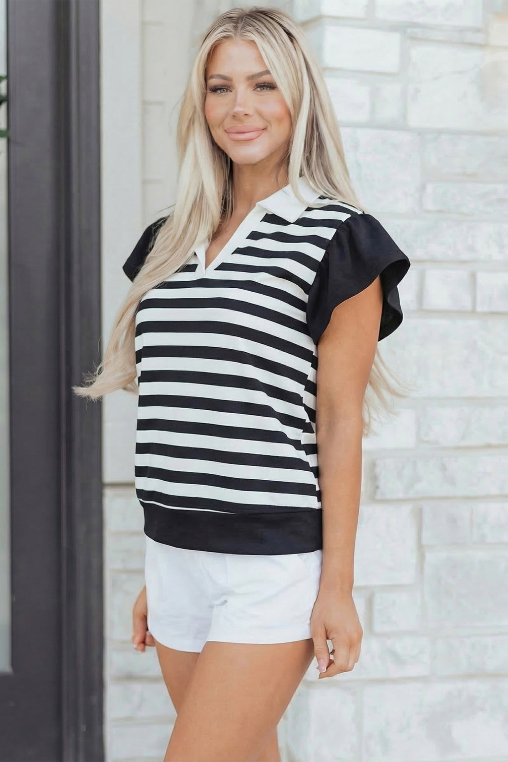 Striped Collar V Neck Ruffled Short Sleeve Blouse