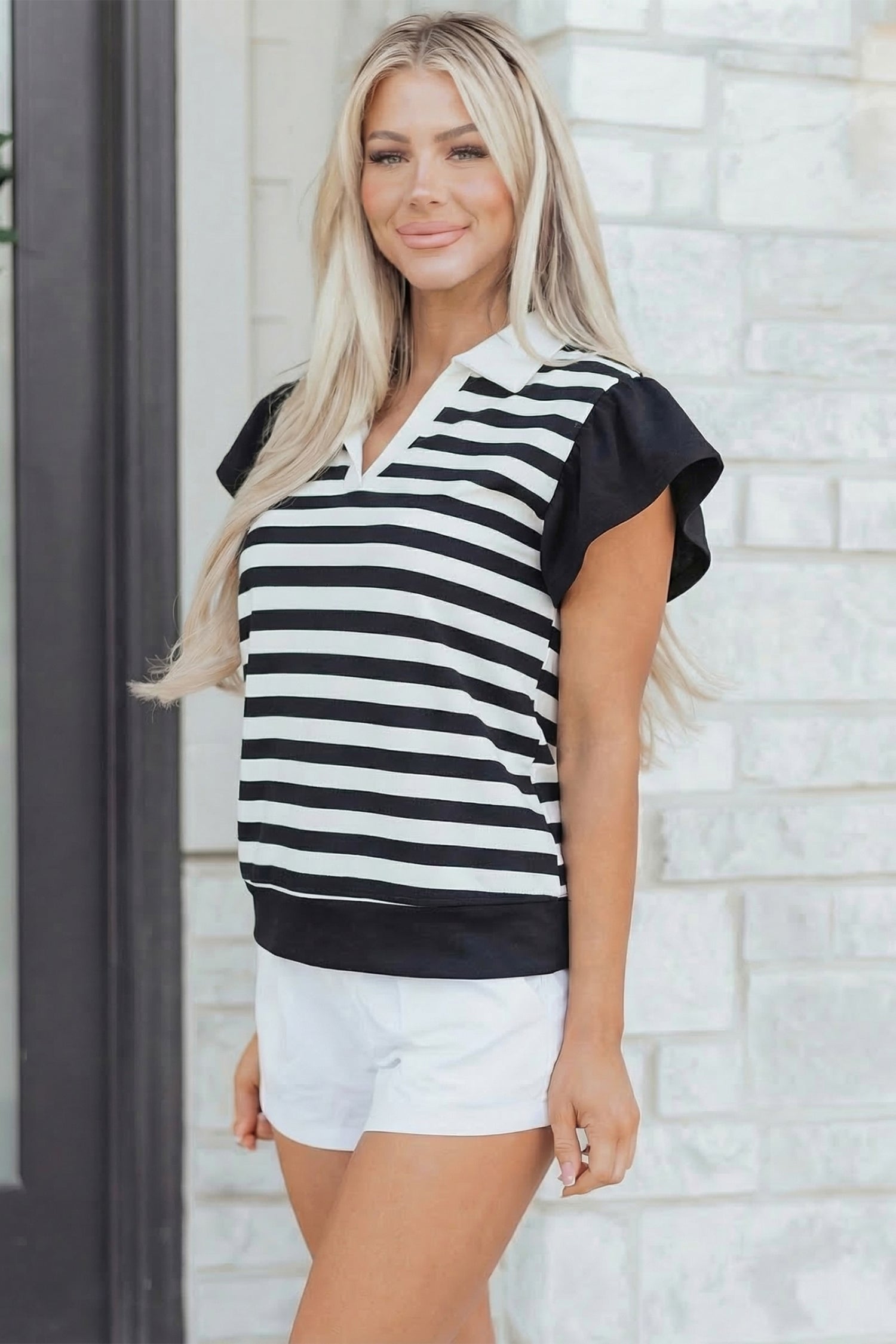 Striped Collar V Neck Ruffled Short Sleeve Blouse