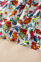 Multicolour Contrasted V Neckline Floral Puff Short Sleeve Blouse