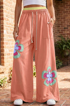 Colour Block Flower Patchwork Drawstring Contrasted Elastic Waist Wide Leg Pants