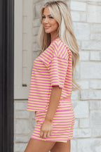 Striped Drop Shoulder Boxy Casual Terry Short Set