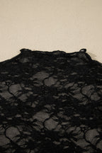 Black Sheer Floral Lace Lettuce Trim Mock Neck Long Sleeve Top