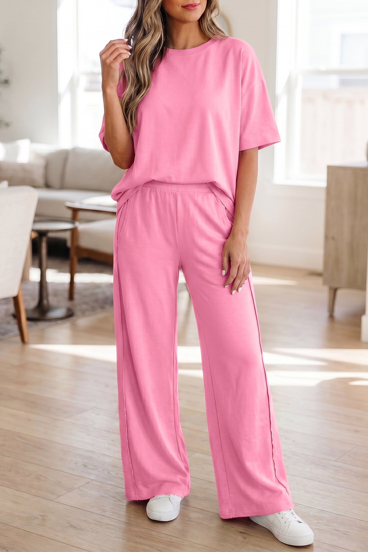 Solid Cover Oversize Tee Pocketed Casual Pants 2pcs Outfit