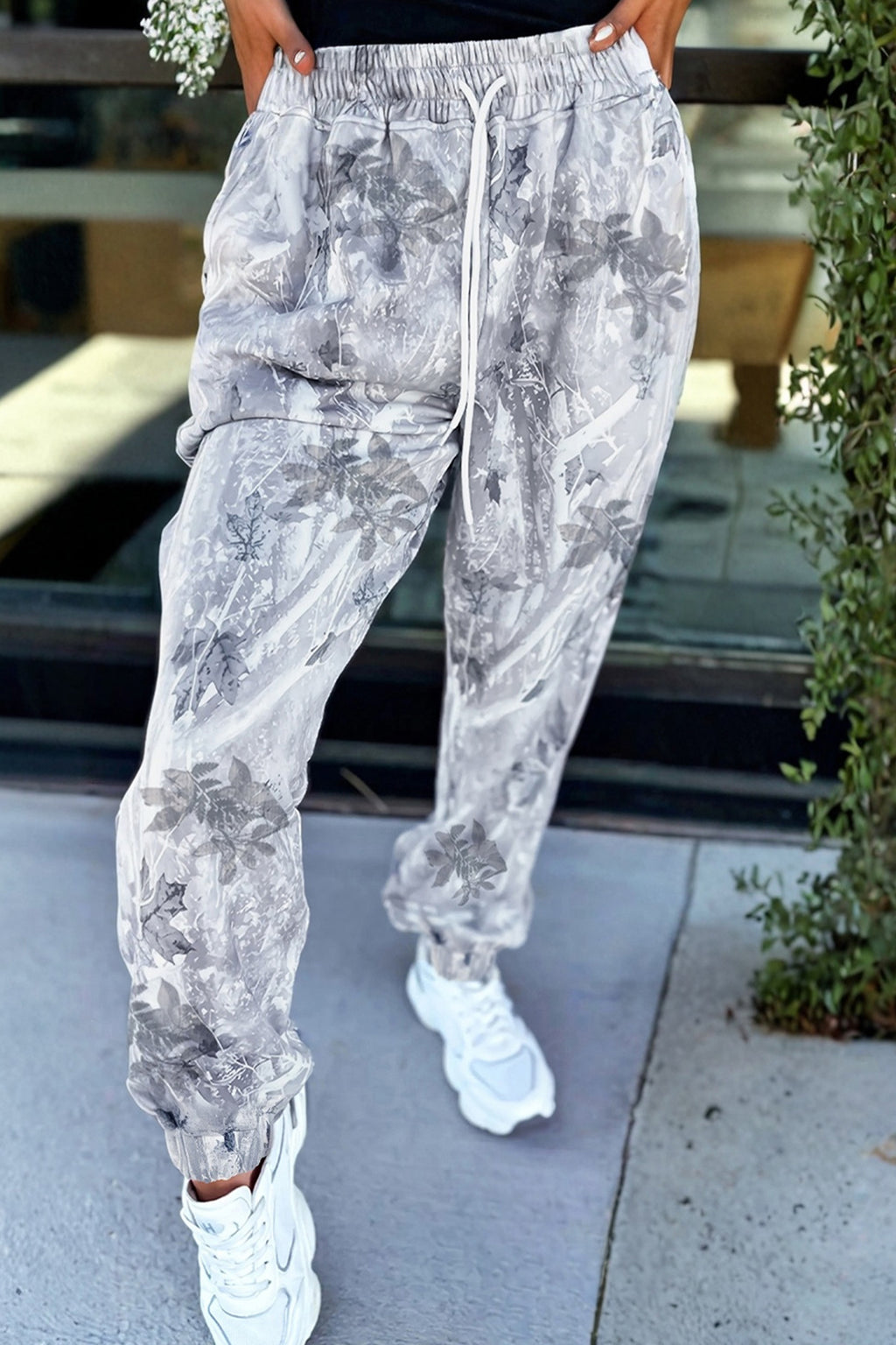 Grey Camo Print Cozy Drawstring Elastic Waist Jogger Pants