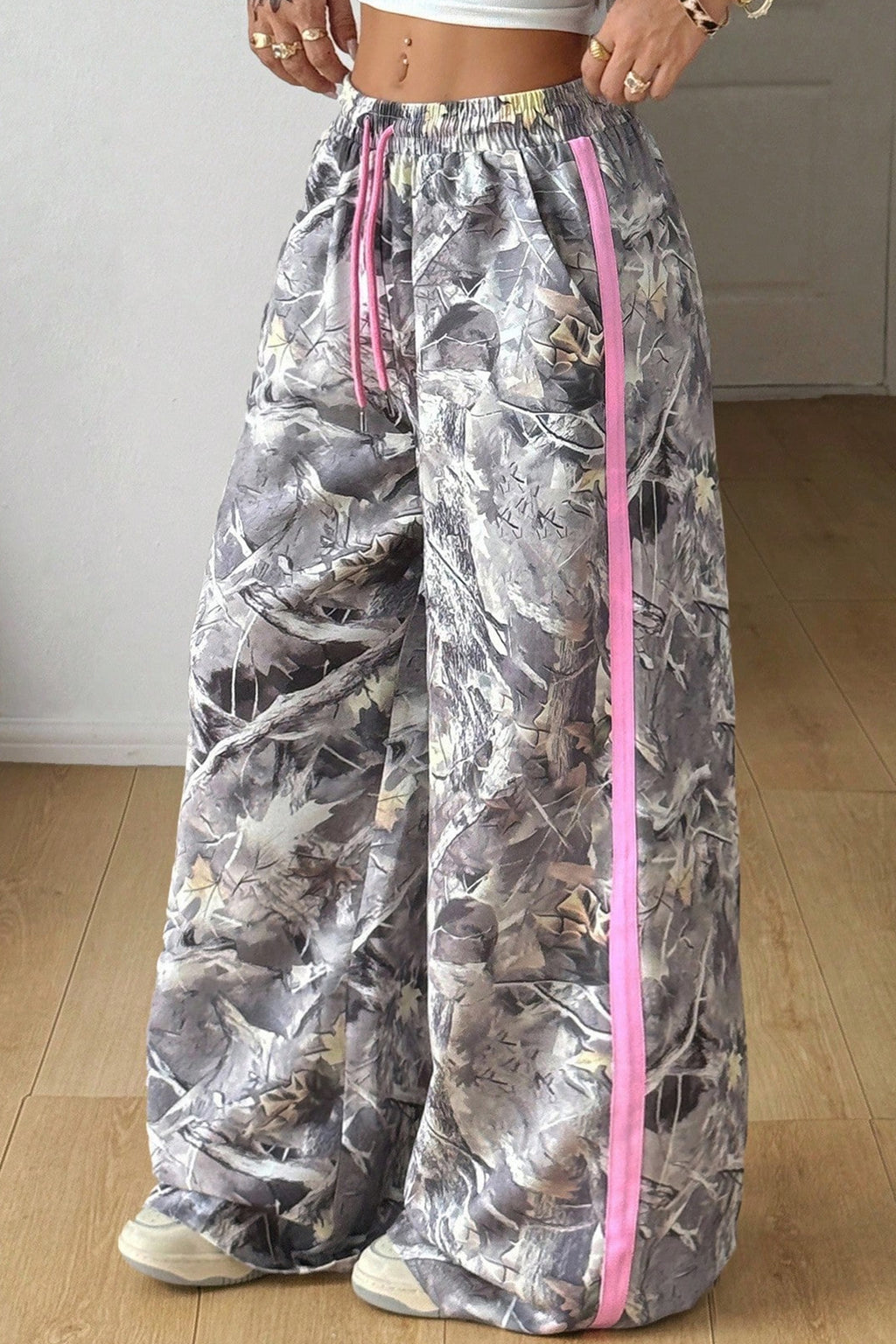 Grey Camo Woodland Print Colour Block Detail Drawstring Wide Leg Sweatpants