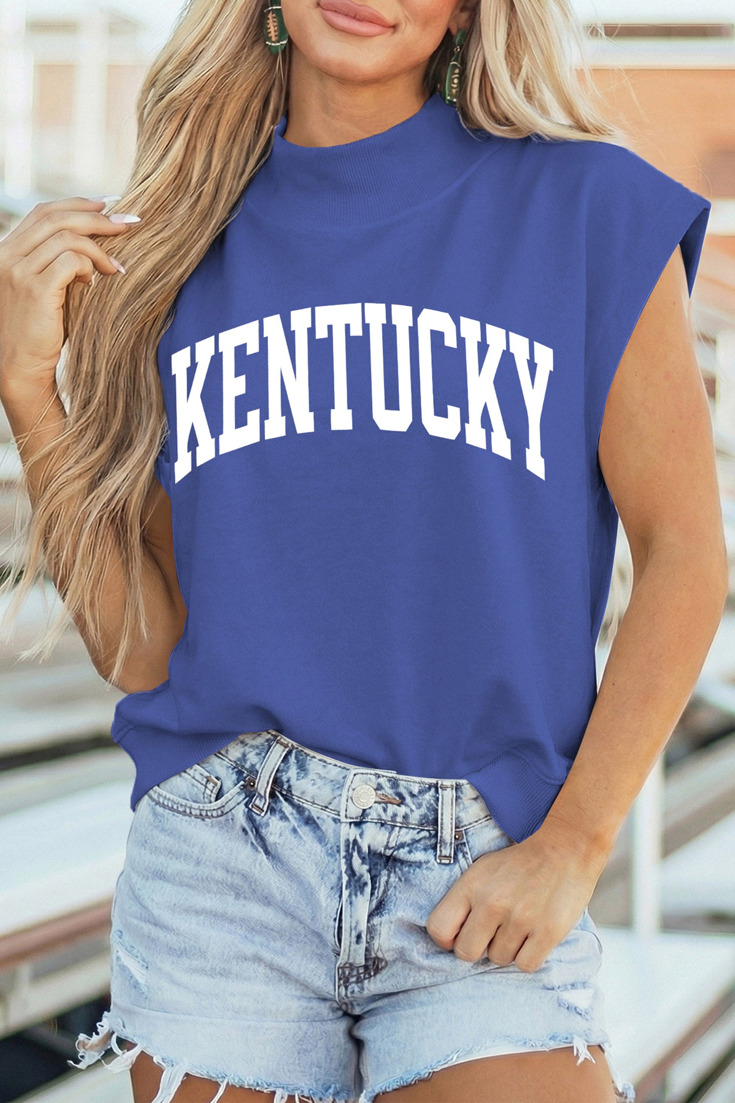 Sky Blue KENTUCKY Leopard KY Double Side Printed Mock Neck Tee