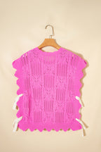 Pointelle Knit Patterned Scalloped Trim Short Sleeve Sweater