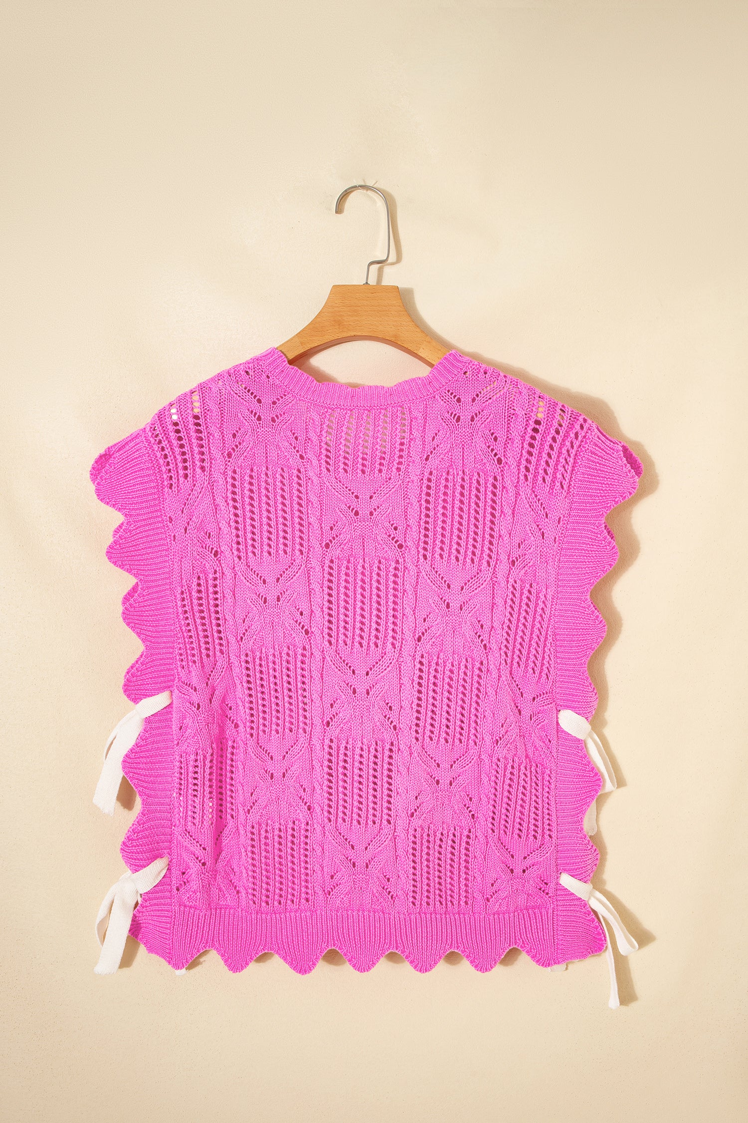Pointelle Knit Patterned Scalloped Trim Short Sleeve Sweater
