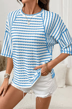 Striped Textured Knit Split Hem Half Sleeve Loose Top