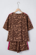 Brown Contrast Striped Accent Leopard Short Set