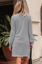 White Stripe Buttoned Front Collared Long Sleeve T Shirt Dress with Pockets