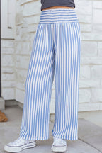 Striped Shirred High Waist Loose Summer Pants