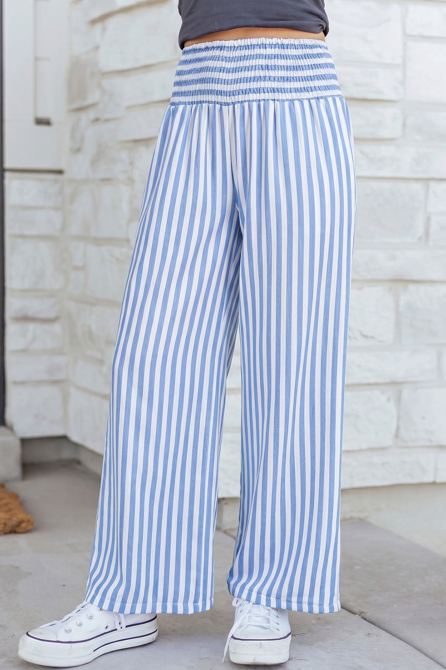 Striped Shirred High Waist Loose Summer Pants