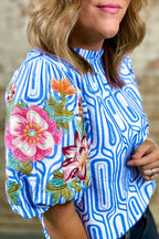 Sky Blue Unique Geometry Print Floral Embroidered Puff Sleeve Blouse