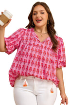 Pink Plus Size Floral Print Tassel Tie Puff Sleeve Cotton Blouse
