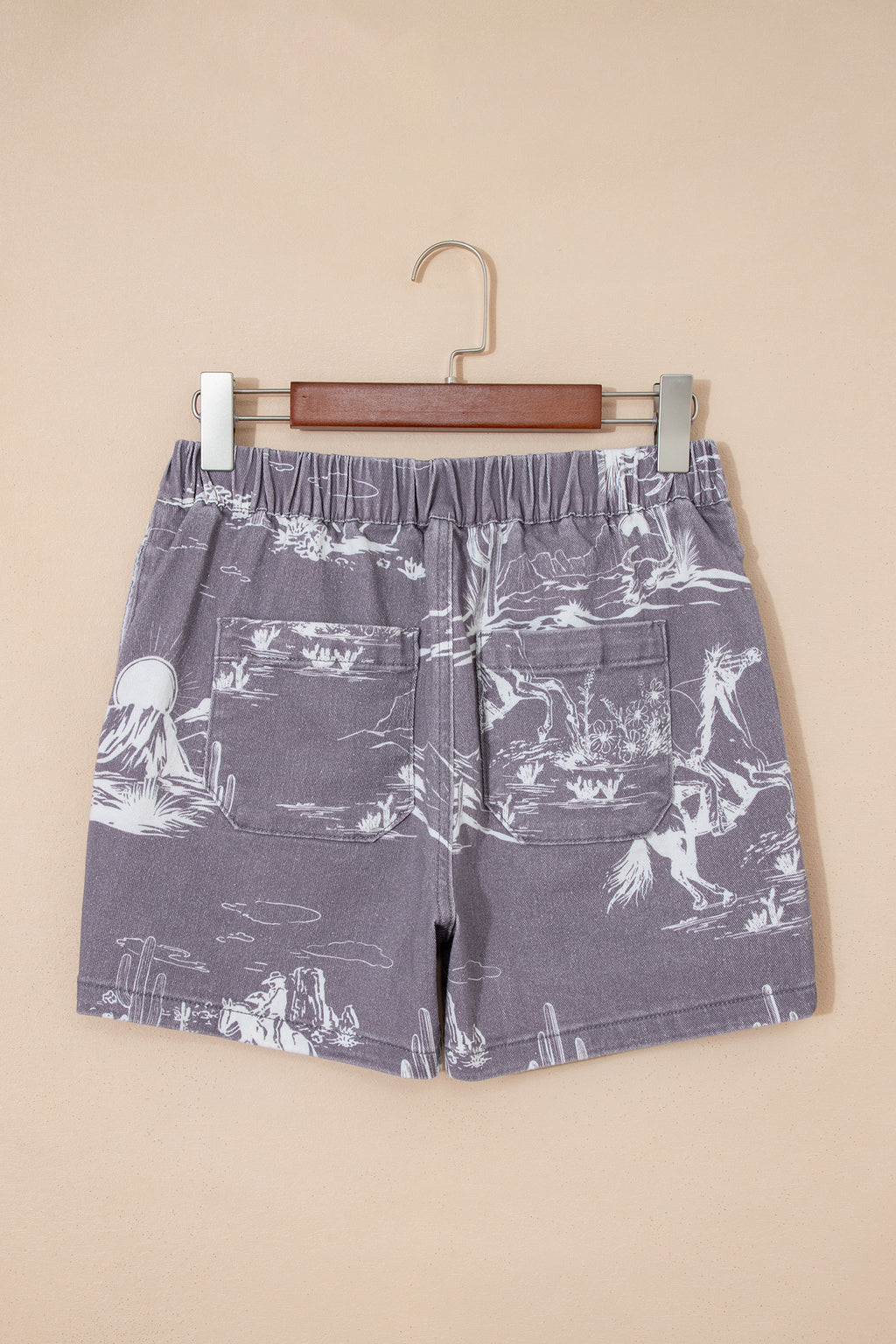 Grey Western Print Elastic Waist Cotton Denim Shorts