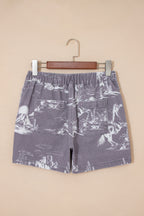 Grey Western Print Elastic Waist Cotton Denim Shorts