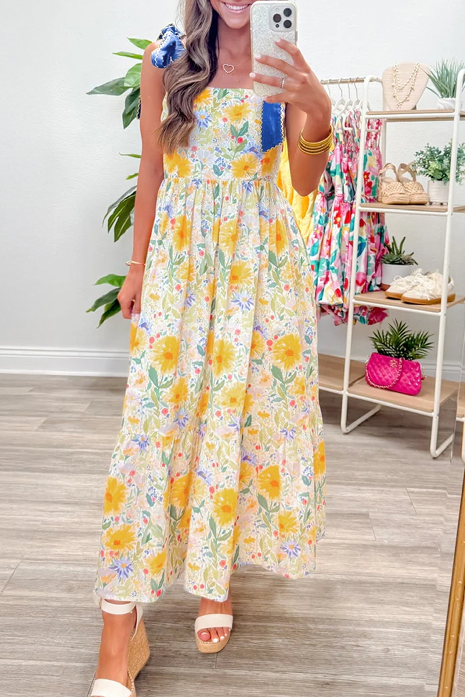 Floral Print Contrast Stitched Knot Denim Straps High Waist Dress