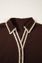 Coffee Shirt Collar Contrast Trim Button V Neck Short Sleeve Blouse