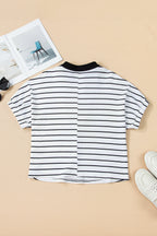 Stripe Stand Collar V Neck Elastic Cuffs Half Sleeve Dolman Top