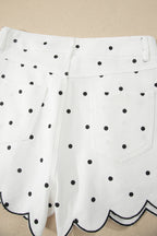 White Polka Dot Print Embroidered Scallop Hem Shorts
