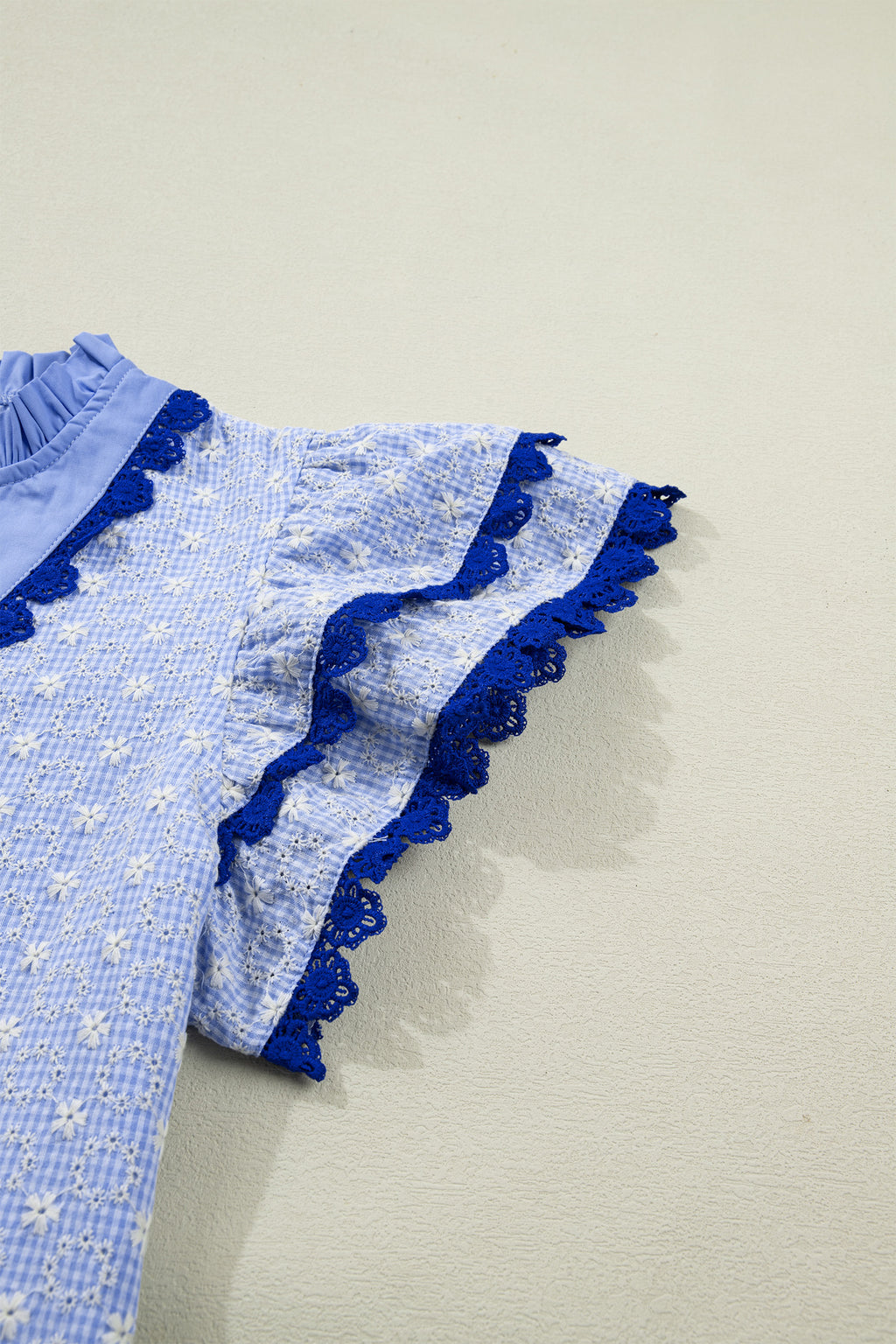 Eyelet Embroidered Flower Texture Contrast Lace Trim Flutter Sleeve Blouse