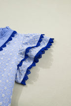 Eyelet Embroidered Flower Texture Contrast Lace Trim Flutter Sleeve Blouse