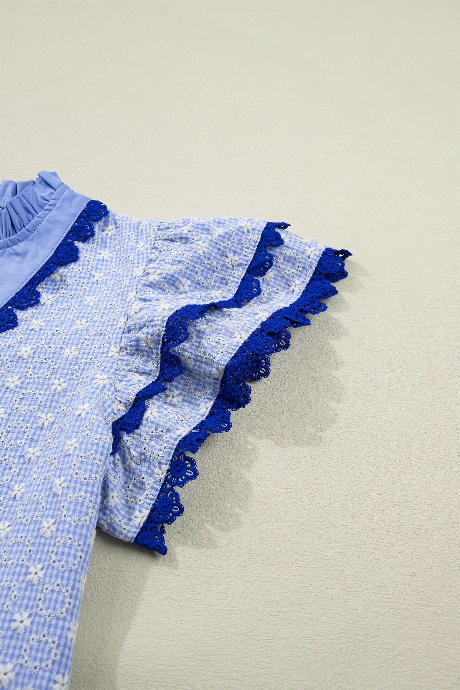 Eyelet Embroidered Flower Texture Contrast Lace Trim Flutter Sleeve Blouse