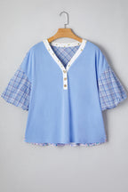 Beau Blue Color Block Plaid Bubble Sleeve Patchwork Blouse