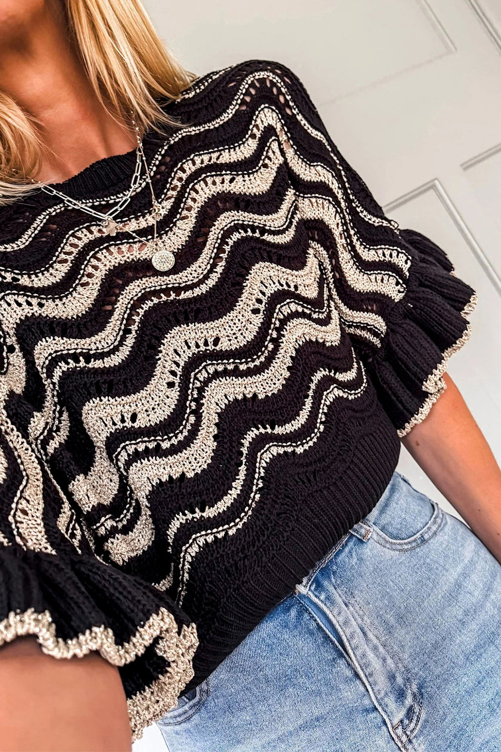 Striped Wavy Crochet Eyelet Detail Ruffle Half Sleeve Sweater