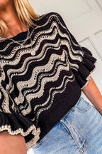 Striped Wavy Crochet Eyelet Detail Ruffle Half Sleeve Sweater