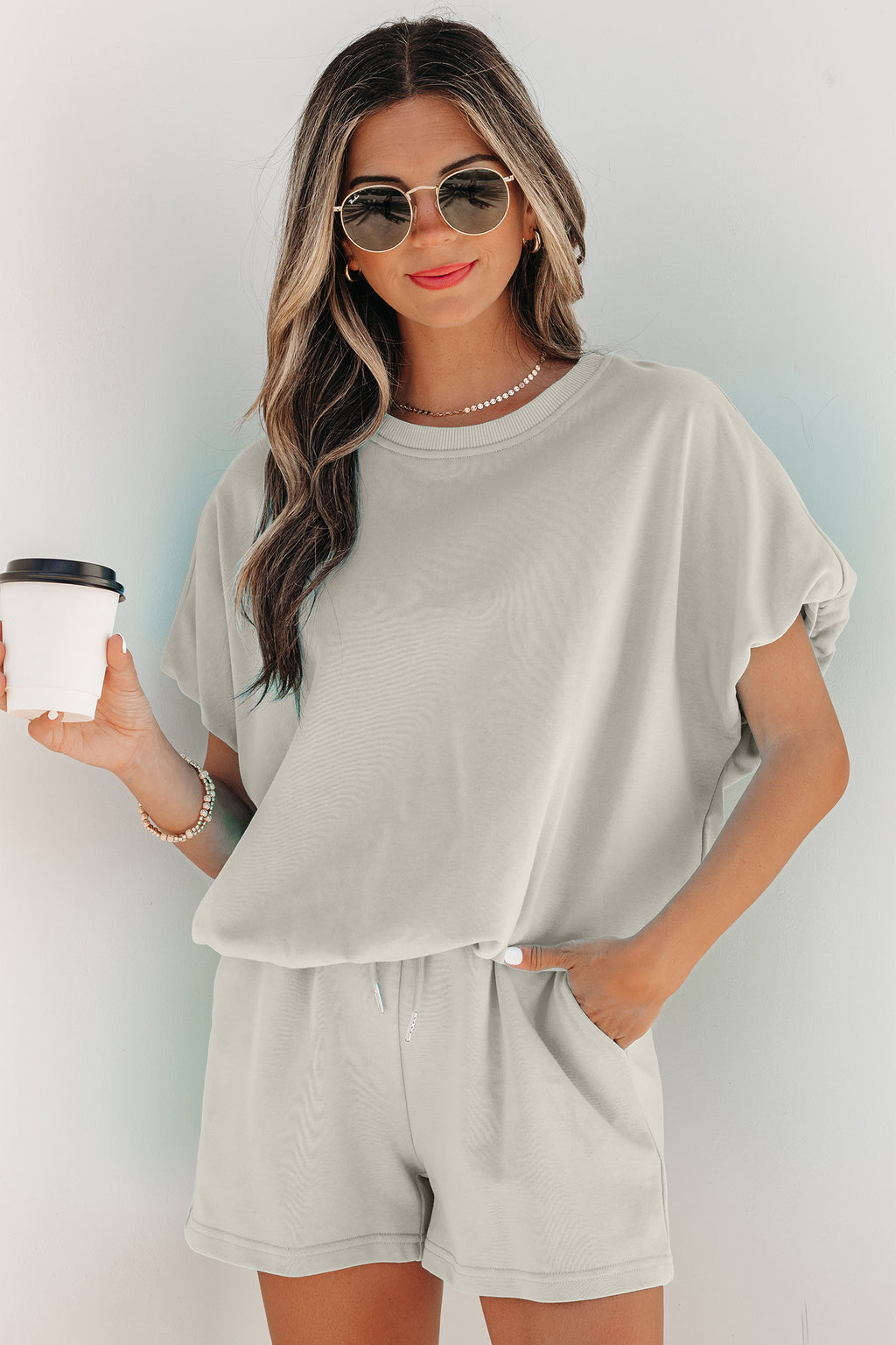 Solid Colour Puffy Loose Top Drawstring Shorts 2pcs Outfit