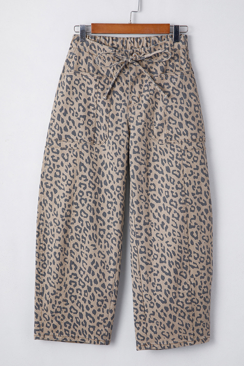 Leopard Printed Drawstring Elastic Waistband Pocketed Wide Leg Jeans