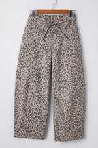 Leopard Printed Drawstring Elastic Waistband Pocketed Wide Leg Jeans