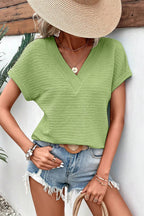 Textured Wide Sleeve V Neck T Shirt