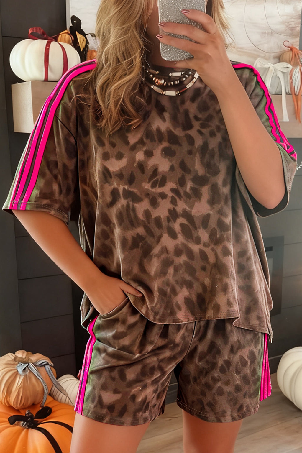 Brown Contrast Striped Accent Leopard Short Set