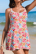 Floral Print Ricrac Trim Spaghetti Strap One Piece Swim Dress