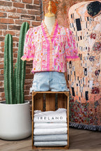 Pink Poppy Flower Striped Print Color Block Trim V Neck Short Sleeve Blouse