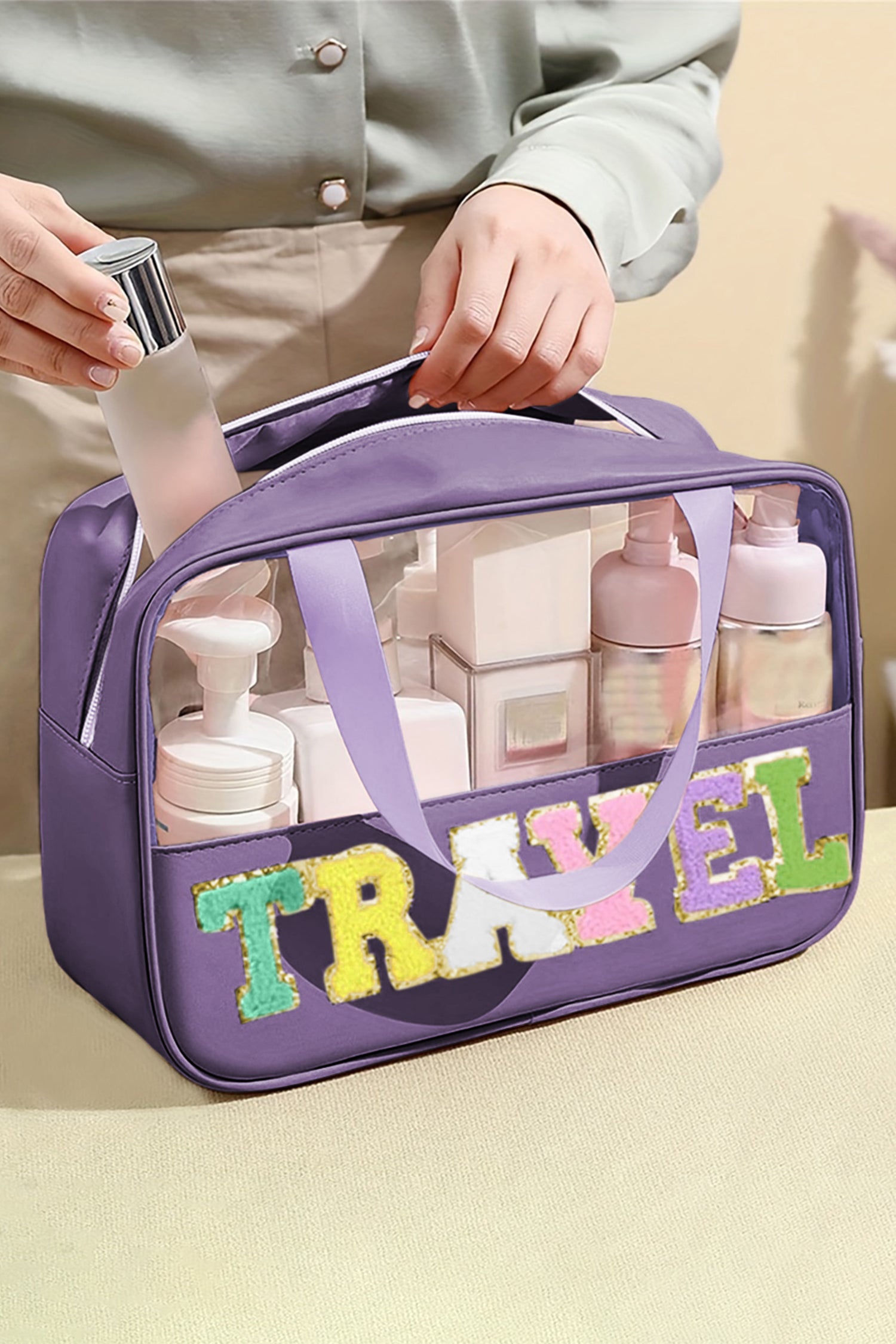 TRAVEL Chenille Letter Clear PVC Makeup Bag