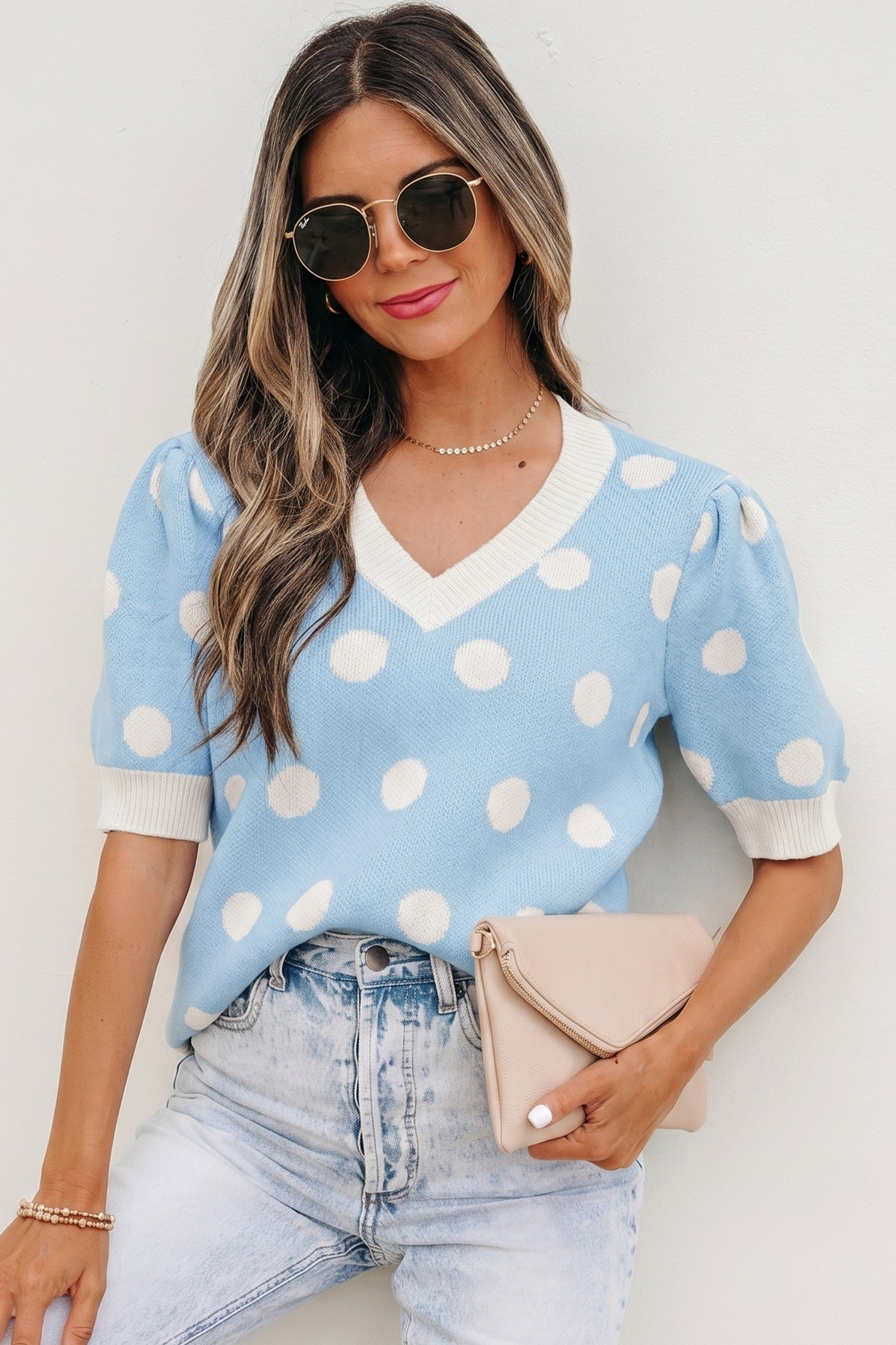 Polka Dot Puff Short Sleeve Sweater Top
