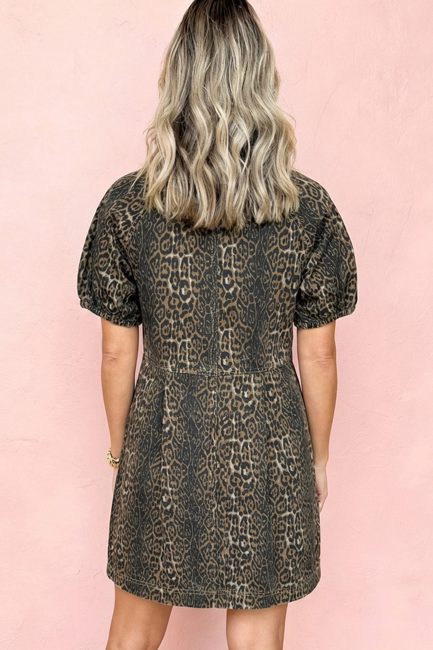 Grey Leopard Print Short Sleeve Pleated Denim Mini Dress