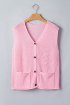 Pink Solid Color Knit V Neck Button Front Sweater Vest