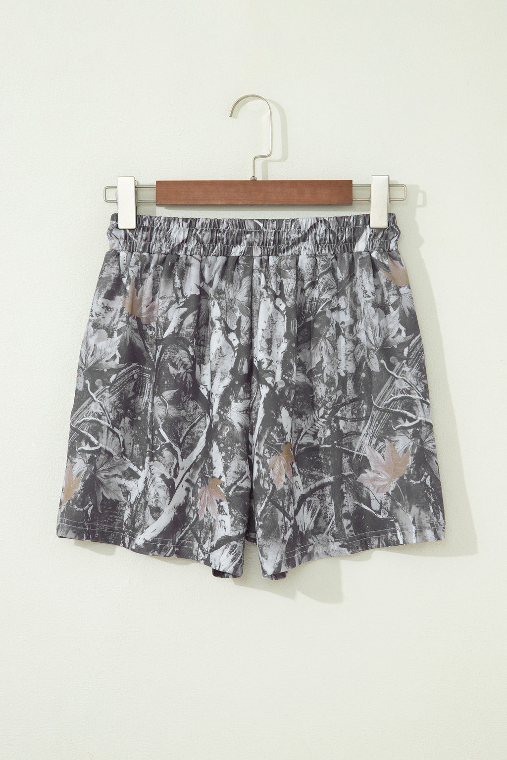 Grey Abstract Maple Leaf Printed Tie Elastic Waist Shorts