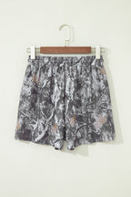 Grey Abstract Maple Leaf Printed Tie Elastic Waist Shorts