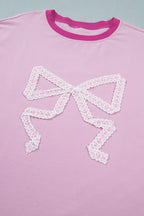 Gossamer Pink Embroidered Bow Detail Color Block Loose Tee