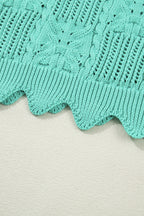 Mint Green Pointelle Knit Patterned Scalloped Trim Short Sleeve Sweater