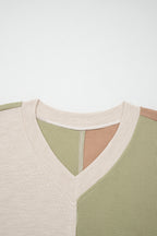 Green Plus Mixed Texture Color Block Patchwork V Neck Long Sleeve Top